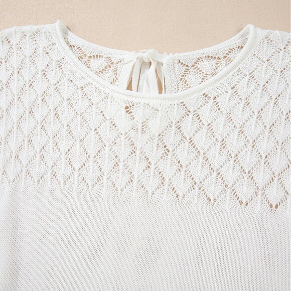 ๐ค White Eyelet Knit Tied Back Short Sleeve Sweater โ Size M - Picture 6 of 10